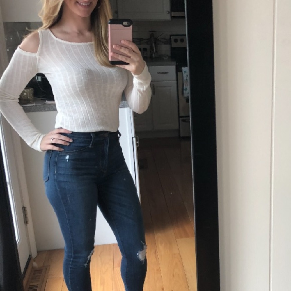 Cream Cut Out Shoulder Long Sleeve Shirt - XS